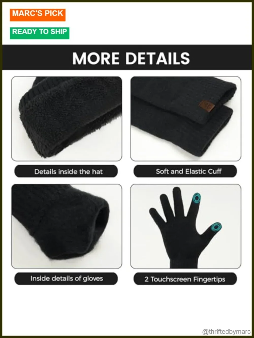 Winter Beanie Hat Scarf Gloves Set, Knit Touch Screen Gloves, Fleece Lined